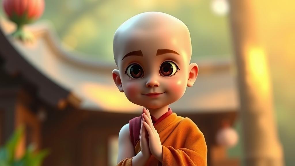 A cute animated character of a young monk dressed in robes, standing peacefully in front of a temple.