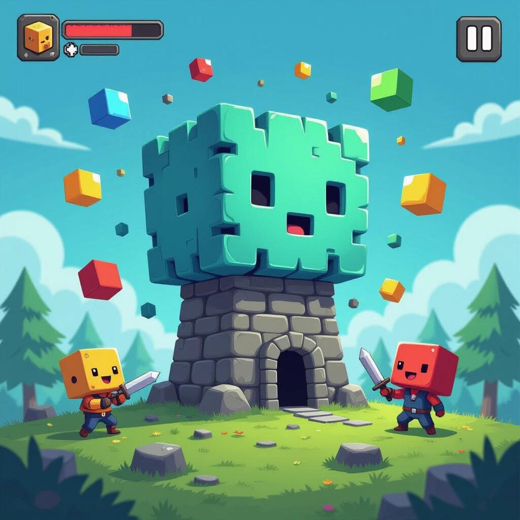 A mobile game illustration featuring a tower and cube-shaped hero. Enemies are colorful geometric shapes. The cube has three weapons. Environment is bright and cheerful. It's a 2D idle survivor game.