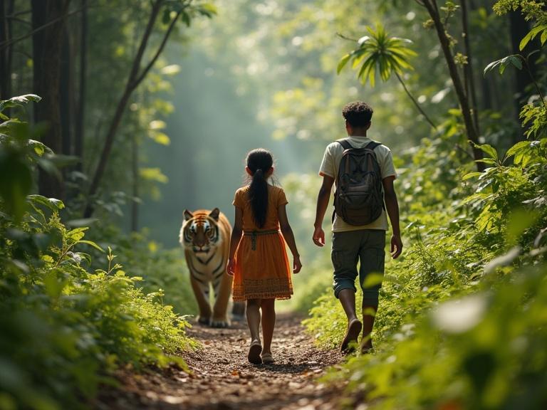 A South Indian young tribal girl and her husband walk through the jungle with a tiger following them in the background from an upper view.