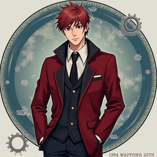 Illustration of a male character in a formal outfit. Character has short red hair with an expressive look. He's wearing a black vest over a white dress shirt and a red blazer. The background features a circular design with gears. Digital art style reflects a modern anime aesthetic.