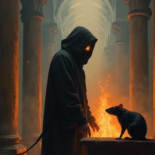 Double exposure featuring a man in black clothes with a hood standing near a fireplace. Flames visible in his eyes. A rat sits on a table. The room is adorned with columns. Dark fantasy theme with an epic and atmospheric feel. Expressive and realistic style, resembling an oil painting on canvas.