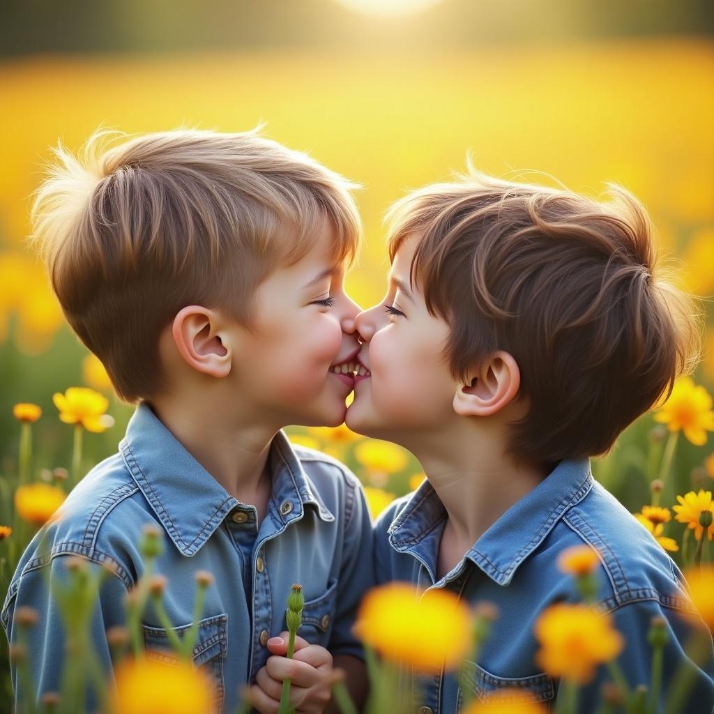 Image shows two young boys kissing in a flower field. They are close together and smiling. Bright yellow flowers surround them. The lighting is soft and warm. Captures childhood and friendship in nature.