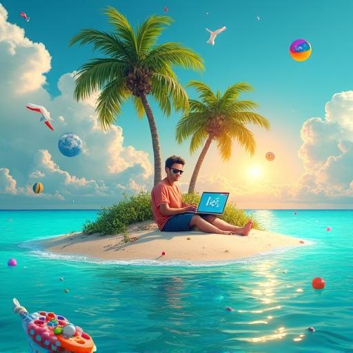 Digital illustration featuring a tropical island made of graphic design tools. The beach represented by a color palette and palm trees shaped as Photoshop and Illustrator tools. A glowing Adobe logo serves as the sun in a turquoise ocean with playful clouds resembling floating layer icons. A young man works on a laptop under a palm tree, enjoying a creative summer. The style is semi-realistic, colorful and vibrant with vivid lighting and soft shadows.