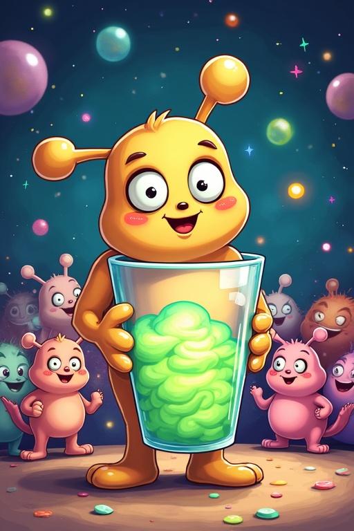 Create a new cartoon meme character that is cute and charismatic. The character has large glossy eyes and a funny body shape. It holds a glass with a swirling green cloud. Background has colorful creatures that are joyful. Setting is cosmic with vibrant colors and sparkles. The style is hand-drawn with bold outlines.
