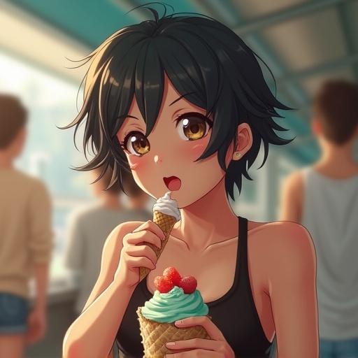 Tomboy with short hair presents a casual summer scene. Character enjoys ice cream while wearing gym bra. Background features blurred figures in an outdoor setting. The image captures a moment of simple joy and indulgence.