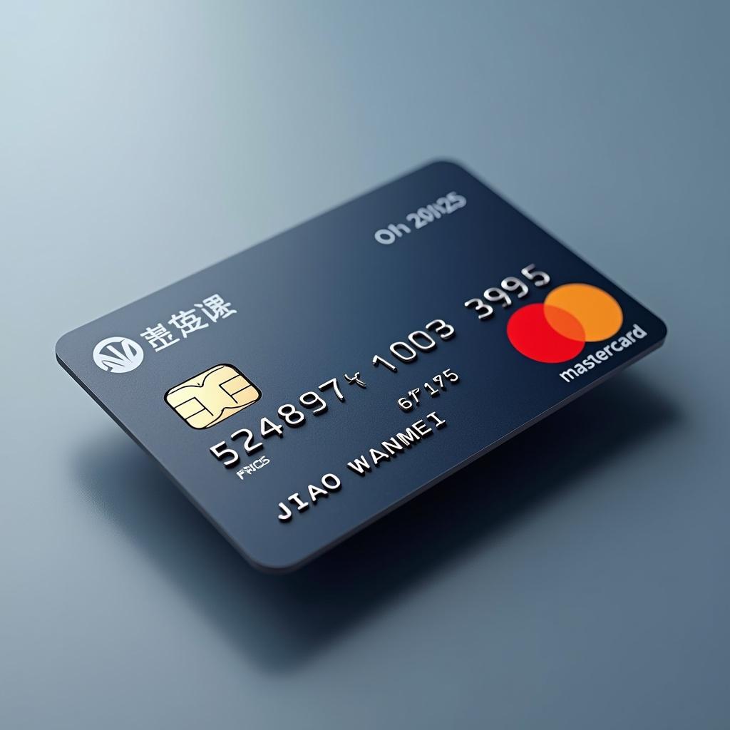 Realistic image of credit card. Mastercard logo prominently displayed. Card number displayed clearly. Cardholder's name JIAO WANMEI aligned correctly. Expiry date 03/2025 present. Modern and sleek design. Essence of standard credit card for transactions.