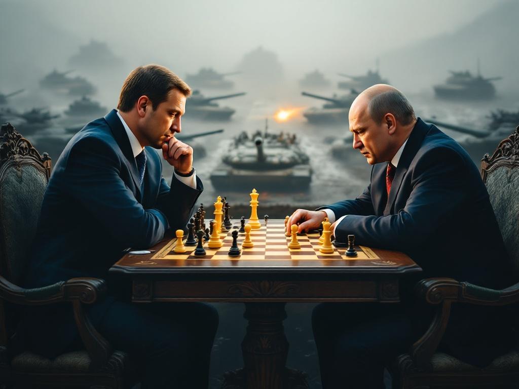 Two men intensely play chess on a prominent gameboard. The background features military tanks and signs of conflict. Tension fills the atmosphere with an air of strategy and reflection. Dramatic lighting enhances the scene.