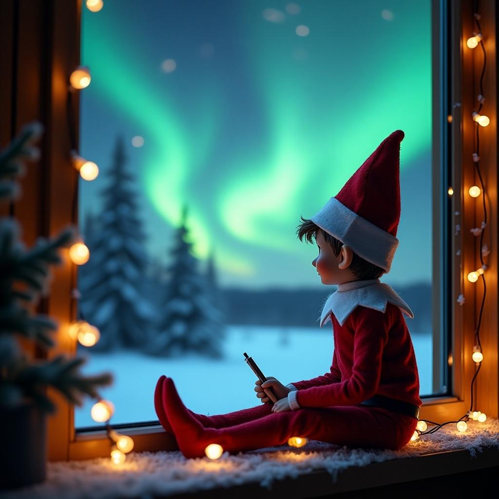 An elf is sitting by a window, looking out at a beautiful display of northern lights in the night sky. The elf is dressed in traditional Christmas colors, adding to the festive spirit. Holding a writing tool, the elf seems to be inspired by the stunning view. Outside the window, a snowy landscape and trees create a magical atmosphere. Glowing fairy lights are draped over the window sill, providing a cozy ambiance. The vibrant colors of the aurora borealis illuminate the sky, enhancing the excitement of the holiday season.