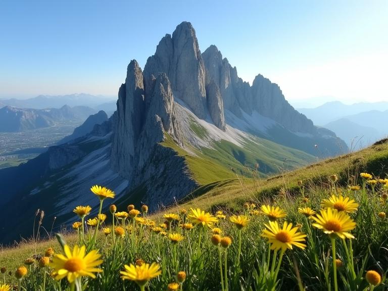 Photograph of a mountain peak with jagged rocks taken in daytime with clear blue sky. Yellow wildflowers in foreground with green grass, sunlight casting shadows on the mountain. Distant valley and town visible in background. Soft light and warm colors create natural landscape.