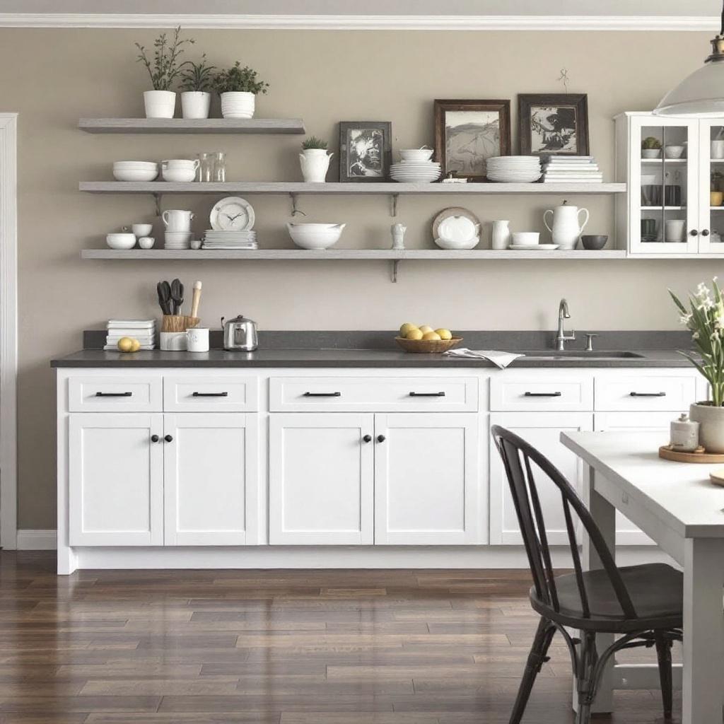 A kitchen featuring white shaker style cabinets. Gray countertops complement white dishes on open shelves. Natural light brightens up an inviting space. A dining table and black chairs are present.