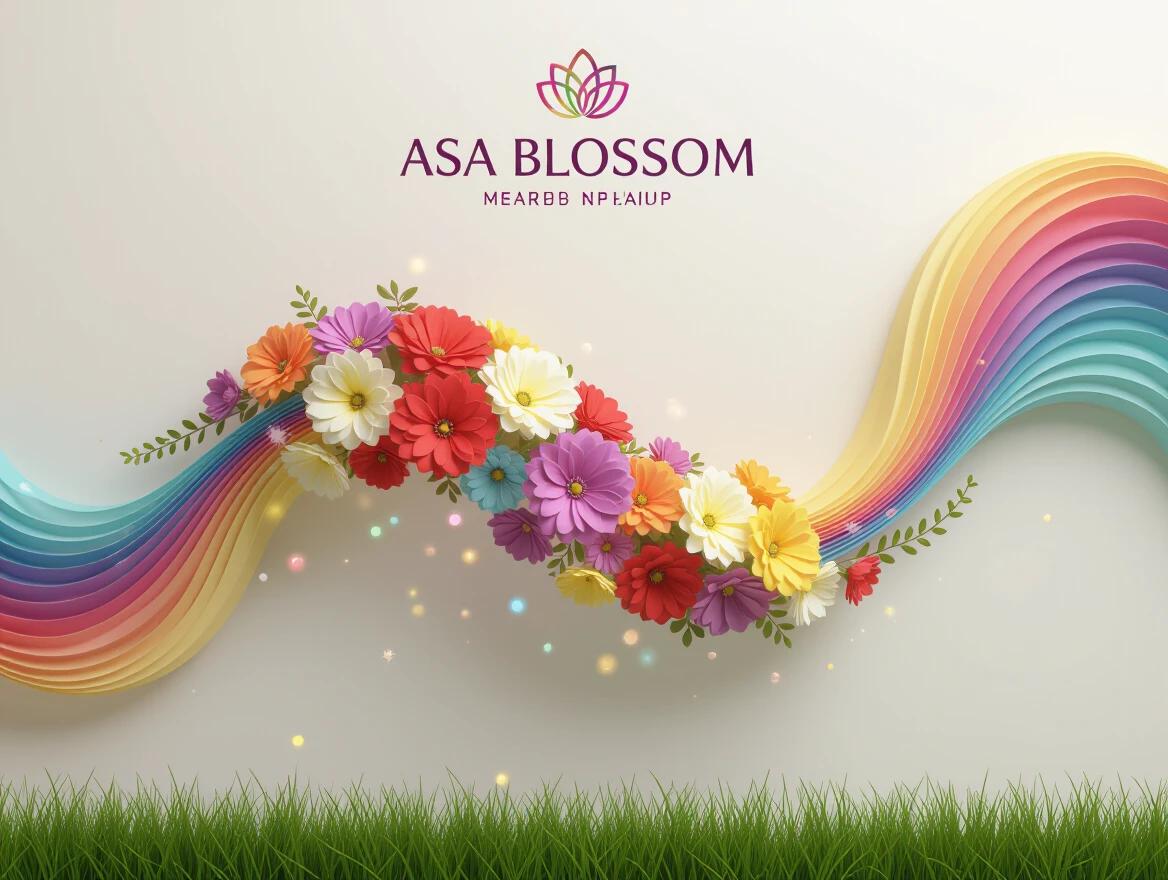 Beautiful flower arrangement created with vivid colors. Long wavy line adorned with floating flowers. A magical and surreal effect gives a dreamlike atmosphere. Logo ASA BLOSSOM displayed prominently at the top. Grass line appears at the bottom of the image.