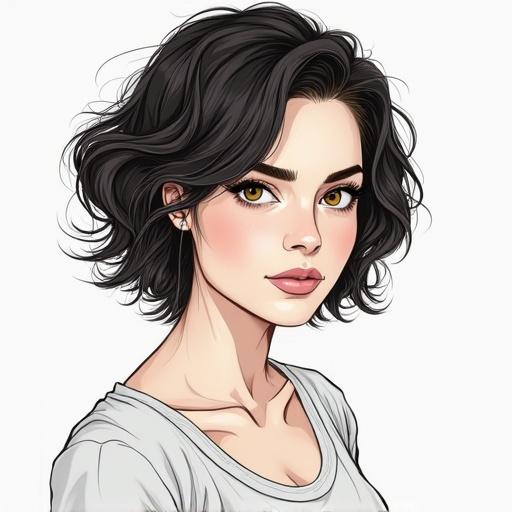 Illustration of a woman with short brown hair and brown eyes. She has a detailed, expressive face and a soft smile.