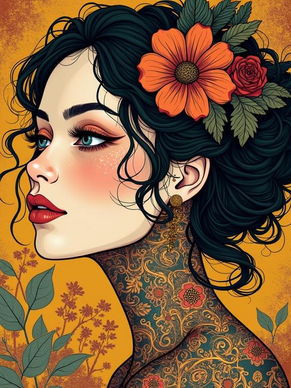 Digital artwork features female profile detailed with tattoos and flowers. Blends haberdasherypunk lineartpunk and Bollywoodpunk aesthetics. Intricate linework inspired by artists Gustav Klimt and Yoshitaka Amano.