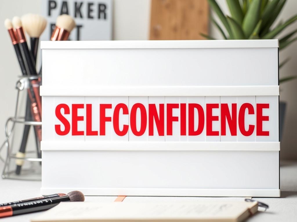 A sign with bold red text saying "SELFCONFIDENCE" displayed on a clean white board. The font is large and eye-catching, making the message clear and impactful. The background is a simple white, emphasizing the brightness of the red letters. The overall design is minimalistic yet strong, designed to inspire and uplift viewers. The sign could be set in a motivational space, surrounded by tools or images that promote personal growth and self-esteem.