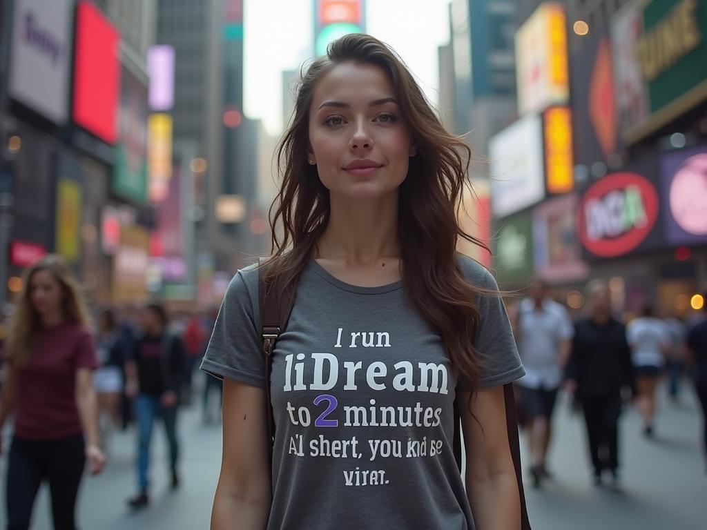 A woman in Times Square wearing a graphic t-shirt. The t-shirt has a humorous message. The scene is lively with bright lights and people in the background.