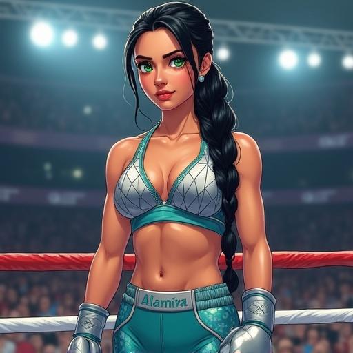 High definition anime art style portrait of a confident intersex boxer in a London boxing ring. The boxer has warm olive skin and striking features. Jet-black hair styled in a braided ponytail with silver strands. Emerald green eyes radiate confidence. Sports bra and trunks in silver and teal with geometric patterns. Silver gloves and teal boxing boots. Energetic crowd in the background.