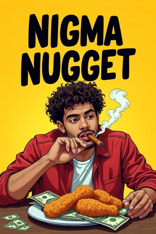 Vibrant illustration featuring a young man with curly hair enjoying deep fried chicken strips while smoking a cigar. Relaxed expression. Surrounded by cash bills. Background includes bold 'Nigma Nugget' text against a bright yellow backdrop. Overall atmosphere evokes fun and enjoyment.