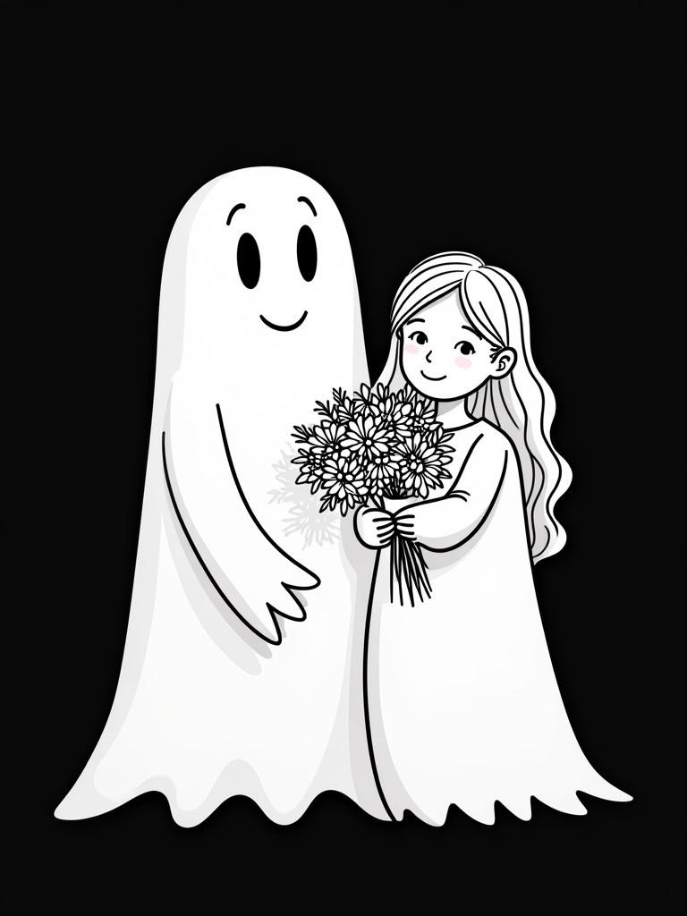 Illustration of a friendly ghost with a smiling face and a young couple holding flowers. The ghost is formed with continuous lines. The style is minimalist and black and white on a solid black background.