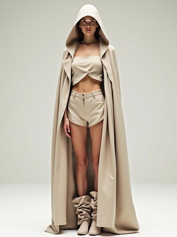 Medium shot of female model showcasing a unique beige-colored outfit. The attire features a flowing hooded cloak a crop top matching shorts and layered long thigh-high boots. The background is plain focusing on the model and outfit.