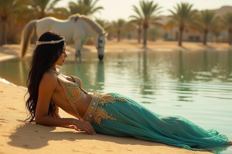 Princess lounges near shimmering lake in desert. Ornate turquoise outfit with gold embroidery shines in sunlight. Black hair cascades down shoulder. White horse drinks water nearby. Palm trees frame the scene.