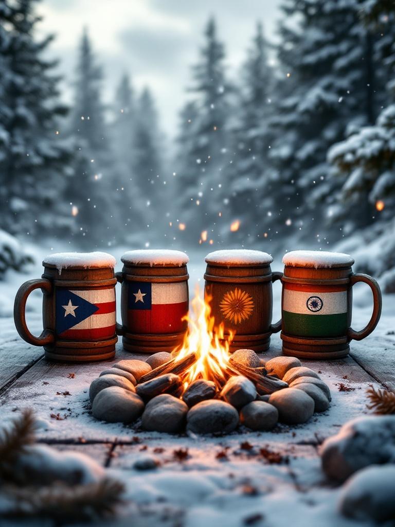 Image shows four beer mugs featuring flags of Puerto Rico Peru Chile and India. Mugs placed in front of a campfire made of rocks. Snow falls gently creating a serene winter scene in a forest.