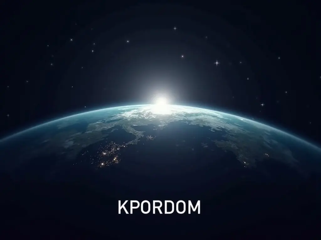 The image showcases a stylized view of Earth from space, emphasizing the beauty of our planet. The horizon shines brilliantly, creating a focal point that draws the viewer's attention. The background is dark, which enhances the brightness of the Earth. The word 'KPORDOM' is prominently displayed at the bottom, giving it a modern and sleek appearance. Subtle star particles are scattered throughout the backdrop, adding depth to the cosmic scene.