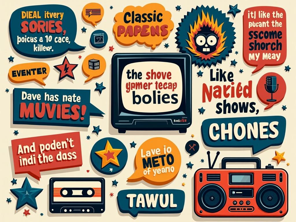 The image is a vibrant collage with a retro pop art style, featuring various speech bubbles and vintage icons such as a TV, cassette tape, and radio. The typography is playful and emphasizes a nostalgic theme, with bold letters and colorful word bubbles. Decorative stars and icons add visual interest, contributing to the lively, dynamic composition.