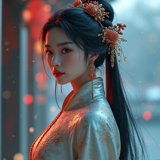Create an image that showcases a digital persona named Nüwa. The persona should represent a blend of Chinese style, Eastern art, and modern technology. The character appears in traditional attire with intricate details, highlighted against a vibrant background showcasing soft textures and colors.