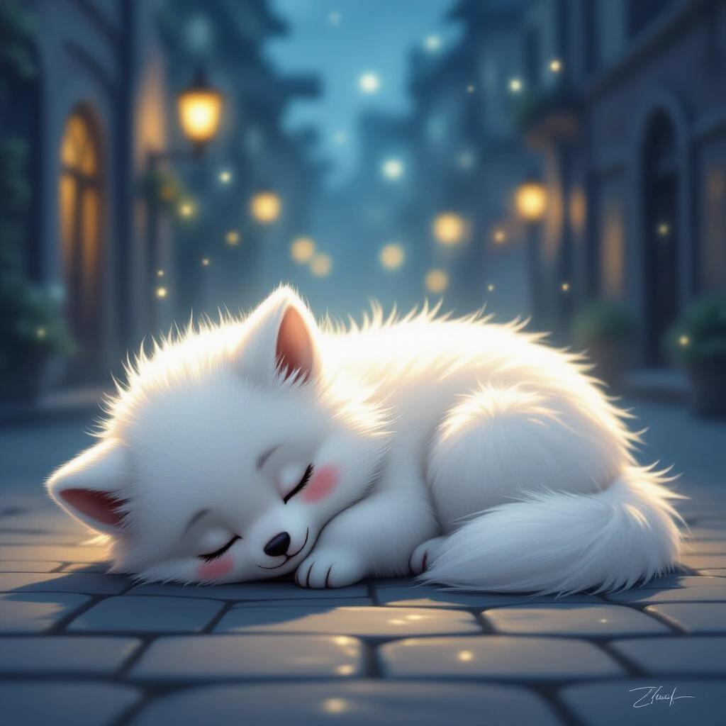 A soft white-furred creature sleeps in a night square. At night, it becomes a glowing guardian battling evil. Ethereal lighting creates a dreamlike quality with vintage hues and textured brushstrokes.
