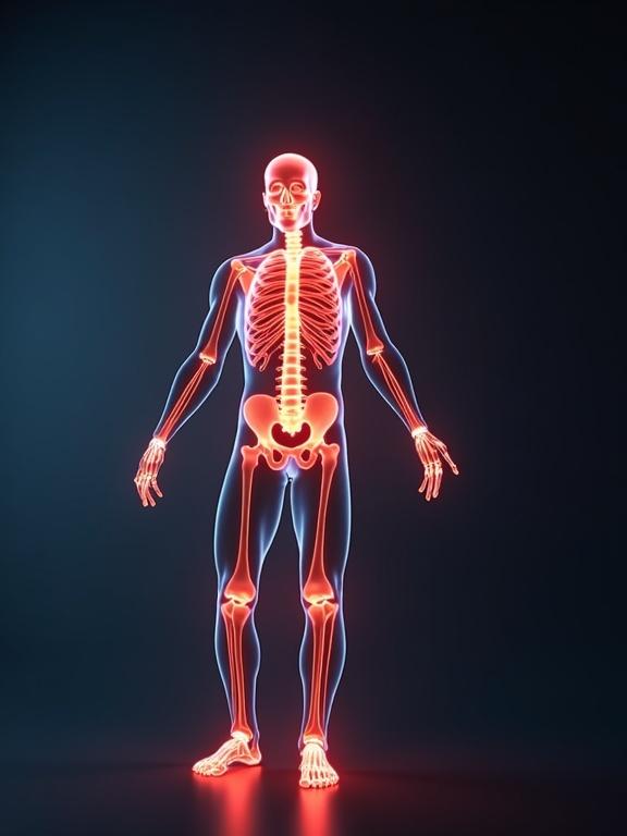 Illustration of a human body showing skeletal and muscular systems illuminating in blue and red colors