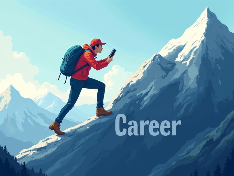 Mountain climbing scene with a person using a smartphone. The mountain symbolizes Career Growth. Bright and clear colors enhance the theme of ambition and motivation.