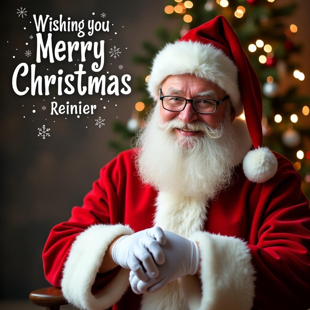 The image features a joyful Santa Claus in his traditional red suit with a white fur trim. He is sitting and smiling, exuding warmth and happiness. The background includes a beautifully decorated Christmas tree with soft bokeh lights. The message "Wishing you Merry Christmas Reinier" is prominently displayed in a festive font, adding to the holiday spirit. His glasses and gloves suggest a friendly and approachable demeanor, perfect for holiday greetings. This image captures the essence of Christmas cheer and celebration with a personal touch.