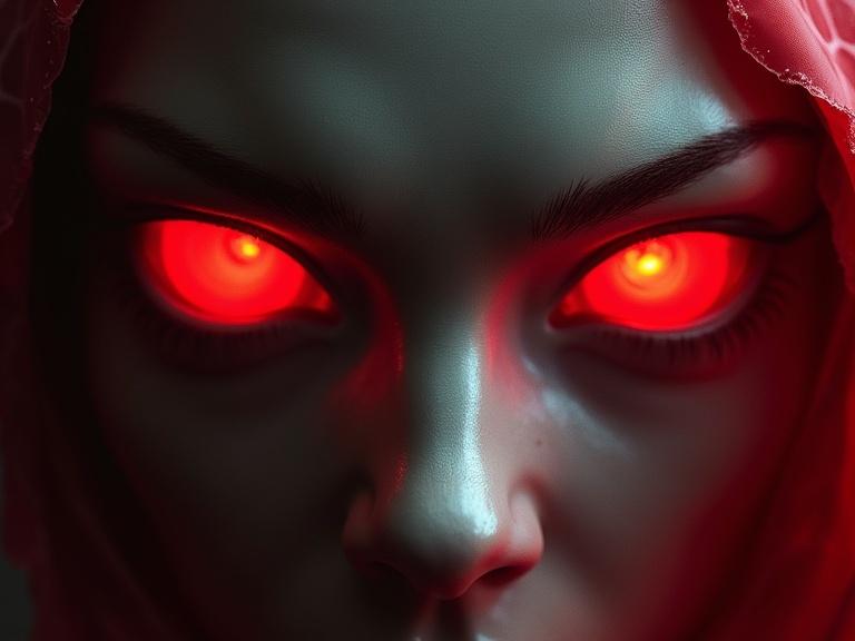 Close-up view of a figure with porcelain mask and blood red eyes. Photorealistic details with dramatic lighting. Specter's cowl visible. Macro perspective emphasizing facial features.