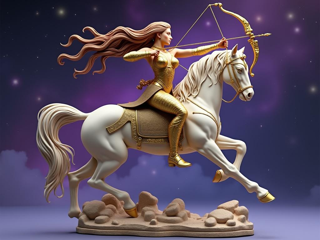 Resin sculpture representing Sagittarius goddess riding a cosmic horse. Goddess depicted with strong and graceful stance shooting a bow. She has long flowing brown hair with golden highlights. Elegant armor with zodiac engravings. The horse is muscular and fierce. The base features floating rocks and mystical fog under a cosmic background.