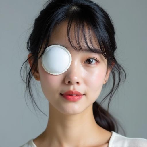 A young Japanese woman wears a white medical eye patch over her right eye. She is 25 years old and is a television announcer. The image captures her from the front, with soft lighting highlighting her features. Focus on her expression and the eye patch on her right eye.