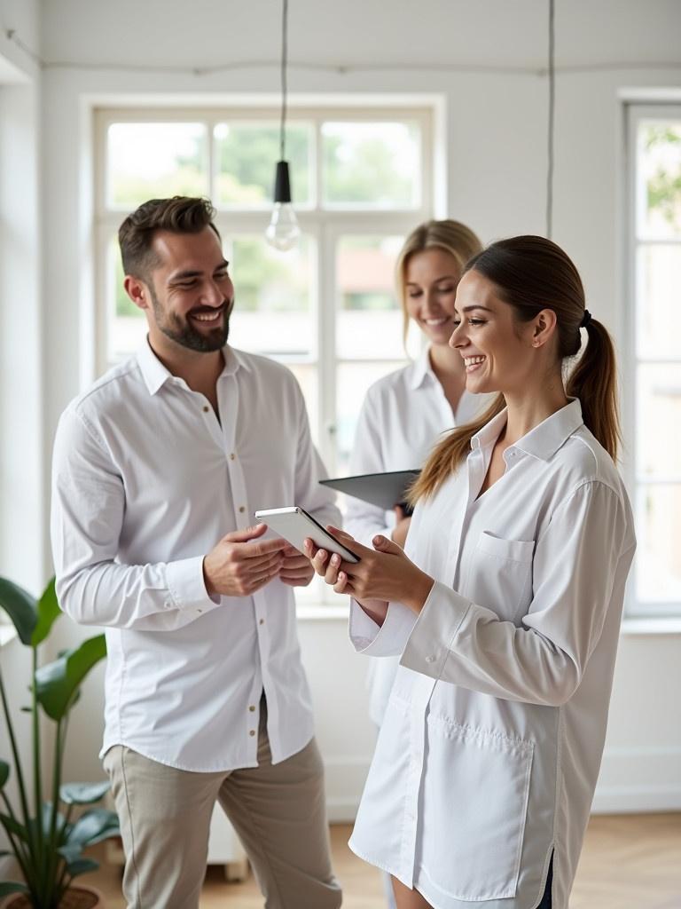 A team of interior designers in a bright, modern workspace. They are engaged in discussion while using tablets and phones. Large windows let in natural light, adding to the open atmosphere.