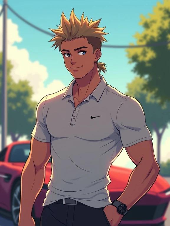 Anime style character portrayal. Young muscular man with spiky light brown hair and a ponytail. Wearing a Nike polo shirt. Handsome appearance and happy expression. Standing outside in a summer setting. An Aston Martin car parked in the background. Holding a Samsung Galaxy phone. Captures a modern and futuristic aesthetic.