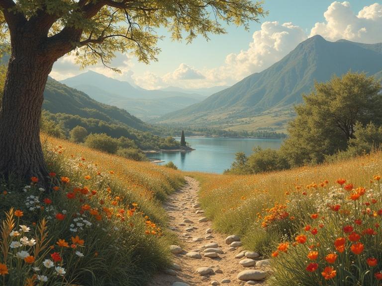 Golden hour in spring with wildflowers and a tranquil lake surrounded by mountains. A winding path leads through the colorful field towards the serene water.