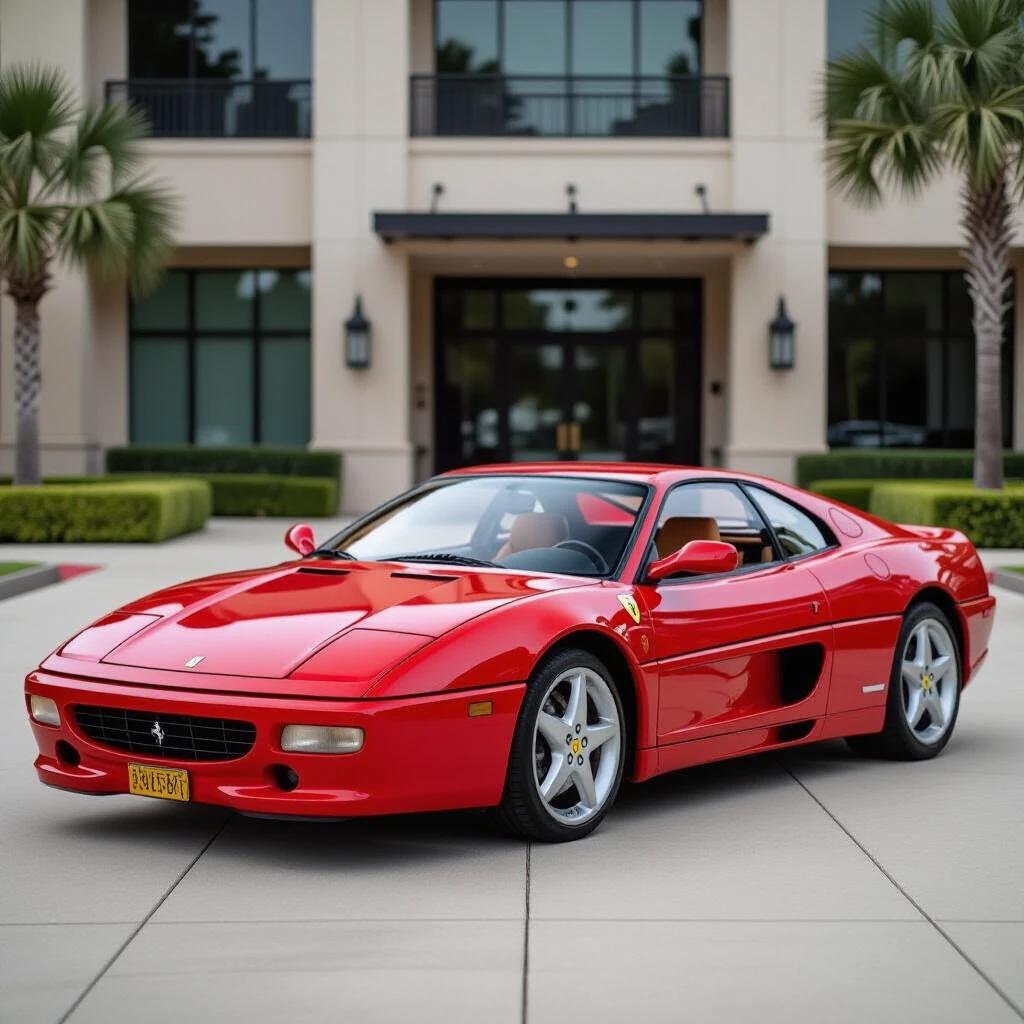 A well-maintained red Ferrari 355 Modena parked in front of a luxurious building. The car showcases its aerodynamic design and iconic curves. The surroundings include palm trees and a clean driveway.