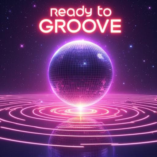 A dazzling disco ball floats in the middle of a glowing galaxy with purple and neon light. Stars twinkle like sound particles. Spiral arms of the galaxy swirl with rhythm. Above, title 'Ready to Groove' in bold futuristic typography glows with electric gradient. The scene captures interstellar funk and retrofuturism, ideal for synth music. Color palette features dark purple and sky tones with soft neon and yellow accents. Rings radiate with an orange glow in a vibrant cosmic setting.