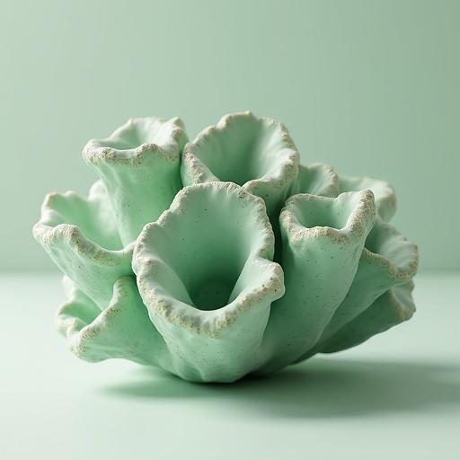 3D object resembling coral. Solid structure with organic design. Matte light green color with speckles. Soft lighting creating gentle shadows.