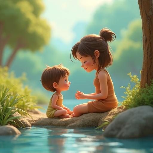 3D cartoon image features a mother and child sitting on a river bank with gentle expressions. The setting includes lush greenery and a tranquil river atmosphere. Both characters display playful, innocent characteristics.