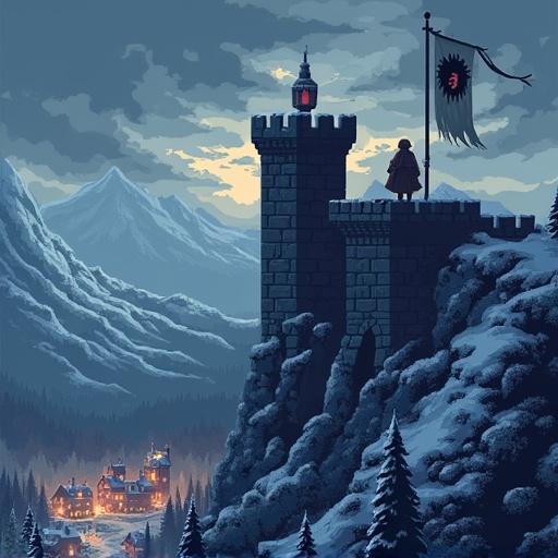Dark medieval pixel art scene showcasing a cold castle on a snowy mountain. Skies are overcast with storm clouds. A figure in a fur cloak stands on battlements. Banners flutter in the wind, one with a black wolf sigil. Stone walls are worn. Below, a village with flickering lights is surrounded by forests.