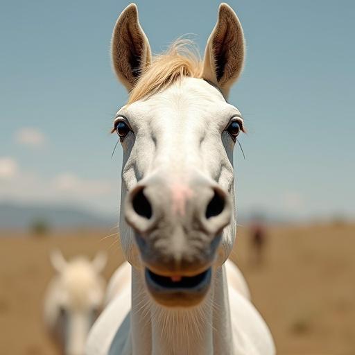 A horse with a funny and goofy appearance. The horse has a white and tan coloration. The image captures the horse's face from the front view.