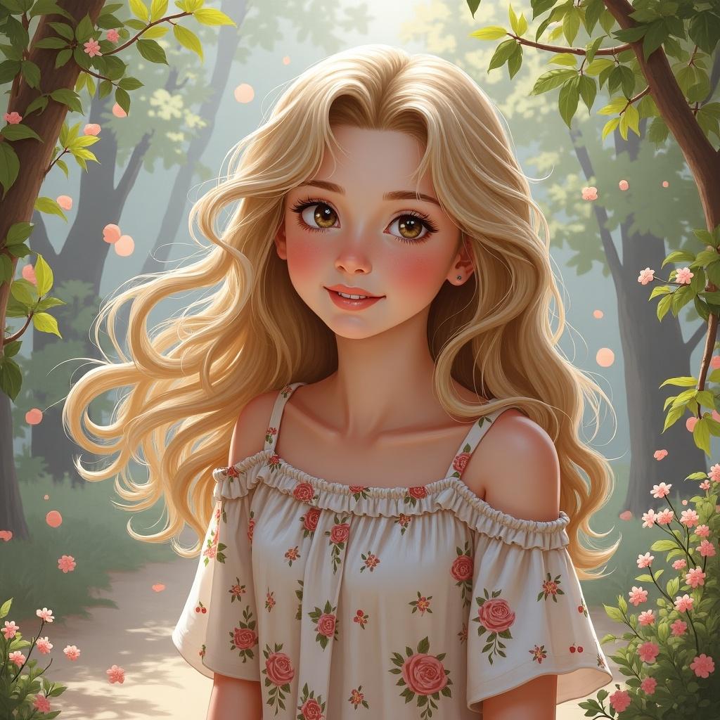 The image portrays a young woman named Olivia-Grace standing in a lush forest. She has long, flowing hair and a warm, friendly smile. Dressed in a floral pattern top, she embodies a sense of youth and joy. The sunlight shines softly through the trees, casting a gentle glow on her. Surrounded by greenery and pink flower petals, the atmosphere is serene and magical. Olivia-Grace looks directly at the viewer, creating an inviting connection. The overall composition is bright and cheerful, making it perfect for various contexts.