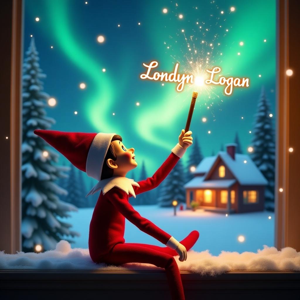 An elf on the shelf sits with its back to the viewer, gazing skyward. It holds a glowing wand that emits sparkling light. The background showcases a charming Christmas scene with colorful northern lights swirling above. In the distance, a cozy house can be seen, decorated for the holidays. Snow covers the ground, adding to the winter atmosphere. The elf is in a playful position, embodying the spirit of magic and wonder associated with Christmas. The names Londyn & Logan are written in the air using the wand, creating a sense of holiday cheer.