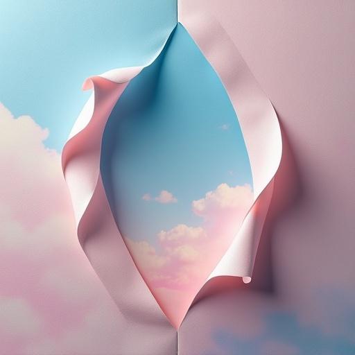 Surreal image of a sky appearing to peel open like paper. Soft colors and a dreamy landscape are visible.