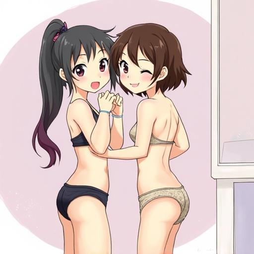 Anime style illustration of two female characters in swimsuits holding hands and smiling