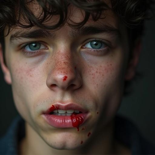 Closeup shot of a high school teenage boy with rebellious traits, biting his lips with a wound and blood, nose bleeding, emotionless expression, styled like a thug.