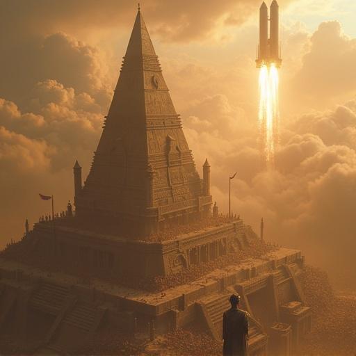 Ancient architect standing atop a towering structure. Alien rocket launching from within. Surrounding workers in a dust cloud filled atmosphere.